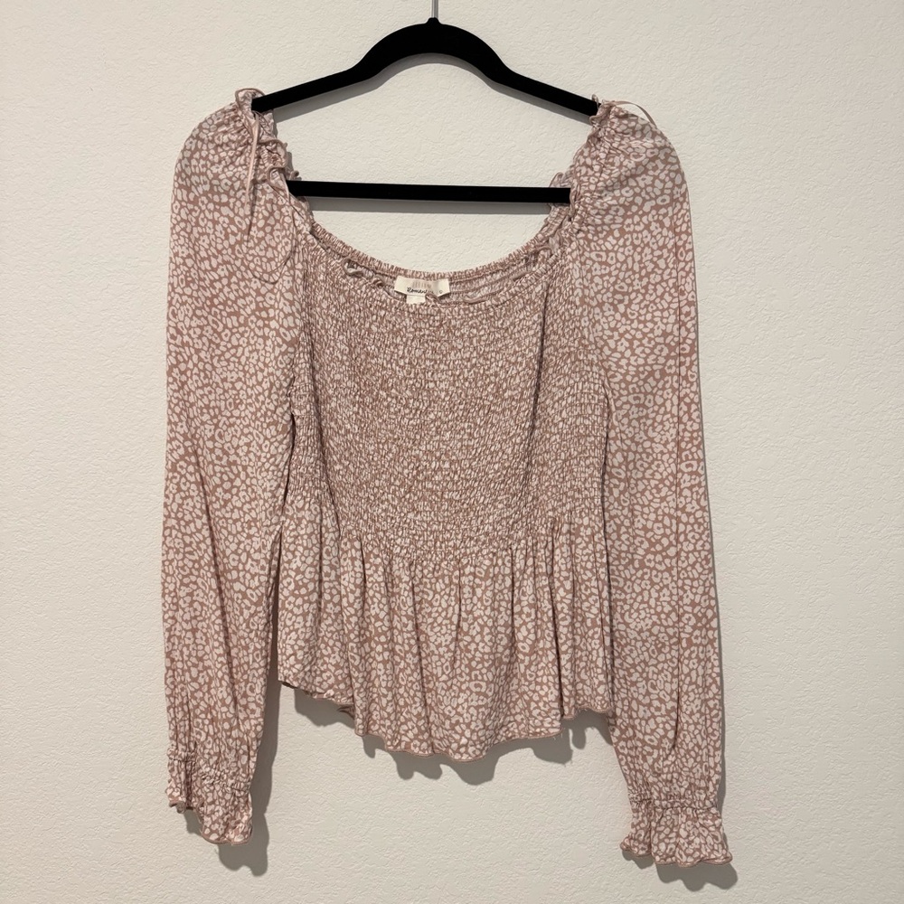 Urban Romantics Blush Pink Animal Print Smocked Long Sleeve Blouse Top